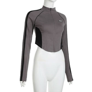 High neck long sleeve tag zip-up top