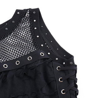 Crewneck fishnet buckle hollow out lace up tank cut out top