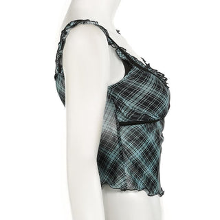 Plaid lace hem patchwork stitch mesh ruffle cami top