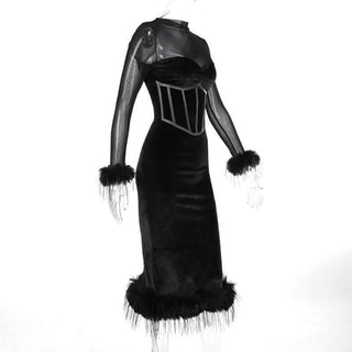 Long sleeve feather velvet mesh patchwork slit high neck midi dress-final-sale