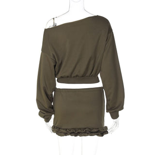 Long sleeve off shoulder self tie ruffle crop mini skirt set