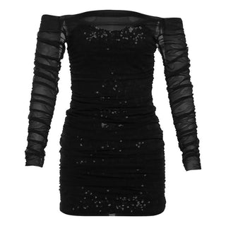 Off shoulder glitter long sleeve mesh ruched mini dress