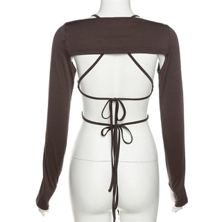 Long sleeves V neck halter ruched solid 2 piece top
