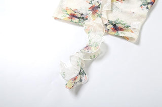 Halter ruffle u neck flower applique print top