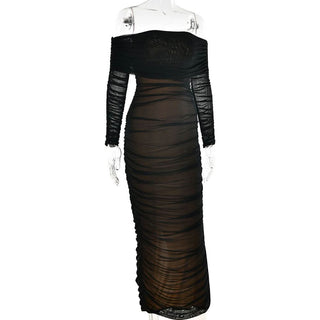 Off shoulder long sleeve slit mesh ruched maxi dress