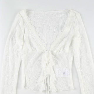 Long sleeve lace ruffle irregular self tie top