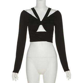 Long sleeve self tie bowknot hollow out solid crop cut out top
