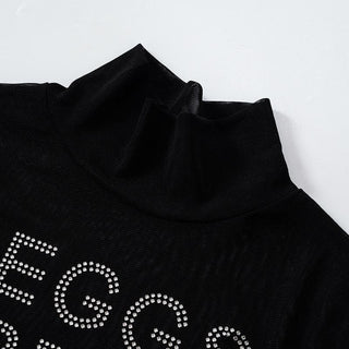 Sheer mesh see through beaded high neck long sleeve bodysuit