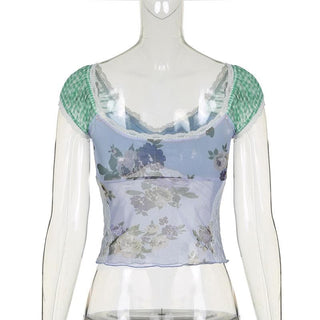 Cap shoulder lace hem contrast top
