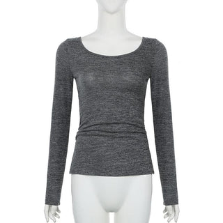 Long sleeve u neck self tie solid top