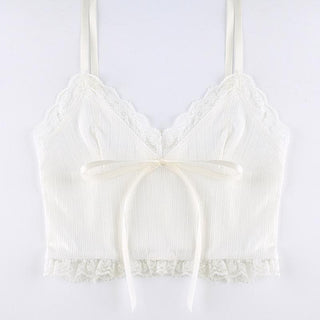 Hem lace self tie ribbed crop cami top