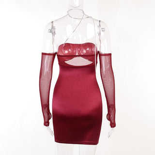 Mesh gloves solid halter ruched hollow out off shoulder cut out mini dress