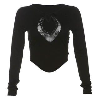 Long sleeve crewneck hollow out lace ribbed cut out top