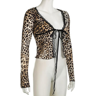 Long sleeve lace hem leopard print ruffle self tie top