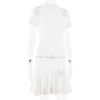 Short sleeve hoodie lace see through mini dress