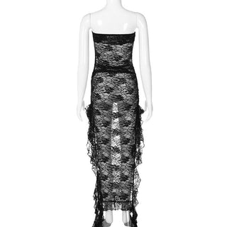 Slit ruffle lace see through solid tube maxi dress