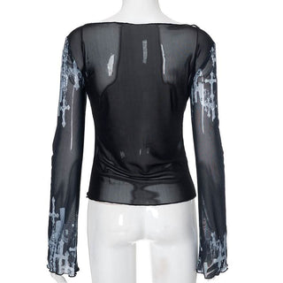 Off shoulder long sleeve mesh cross print top