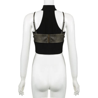 High neck off shoulder PU leather patchwork top