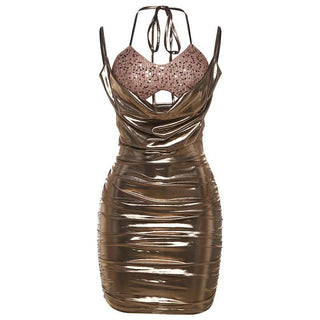 Metallic ruched glitter hollow out halter self tie cut out mini dress
