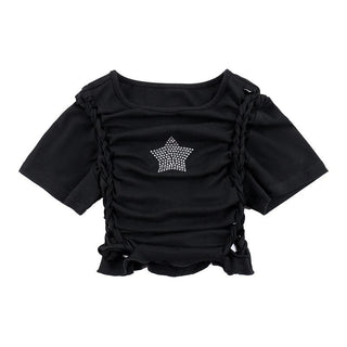 Short sleeve crewneck beaded hollow out cut out top