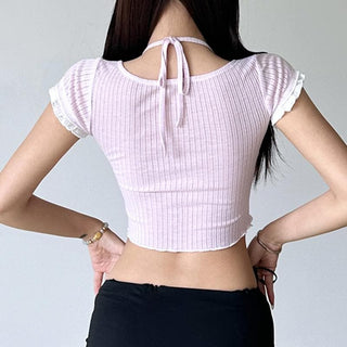 Short sleeve halter patchwork ribbed crop top