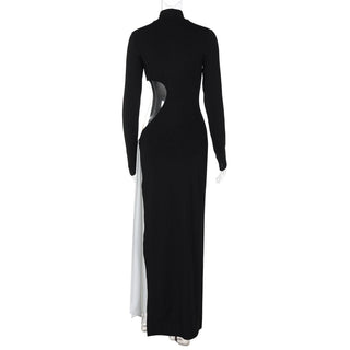 High neck long sleeve hollow out slit knotted cut out maxi dress