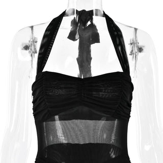 Halter patchwork mesh ruched ruffle maxi dress