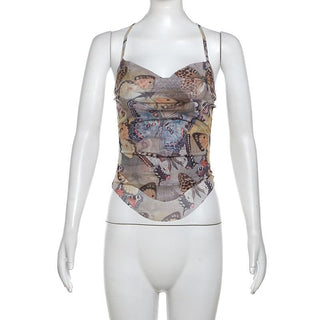 Cross back cowl neck print sheer mesh top