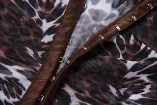 Leopard print mesh button cami short pant set