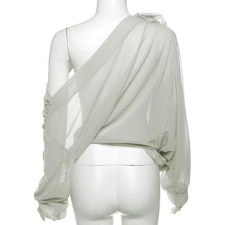 Chiffon flower applique see through off shoulder long sleeve ruched top