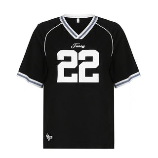 Short sleeve stitch â€œ22â€ print v neck top