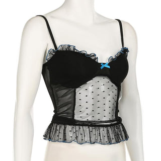 V neck polka dot bowknot mesh ruffle cami top