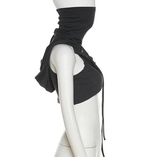 Sleeveless hoodie drawstring cross front ruched top