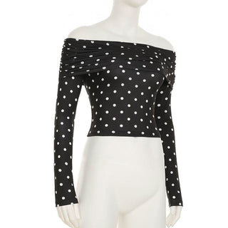 Polka dot off shoulder long sleeve ruched top