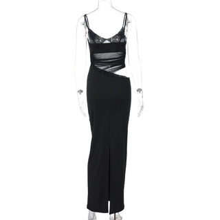 V neck mesh hollow out cami cut out maxi dress
