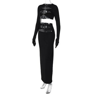 Long sleeve crewneck gloves hollow out solid maxi skirt set-final-sale
