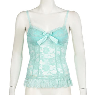 Lace flower pattern bowknot ruffle cami top