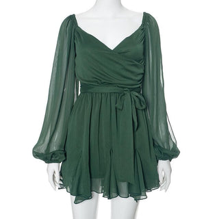 Long puff sleeve mesh print ruched mini dress
