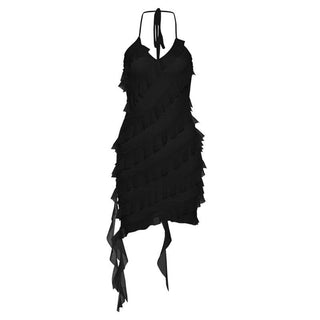 Ruffle irregular halter ribbon backless mini dress