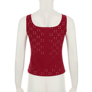 Hollow out v neck self tie textured tank cut out top