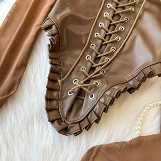 Off shoulder PU leather lace up smocked top