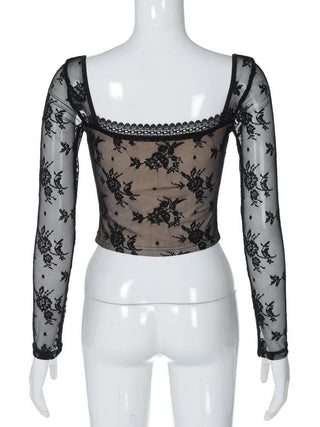 Long sleeve square neck lace patchwork top