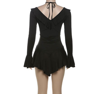 Long flared sleeve self tie v neck ruffle mini dress