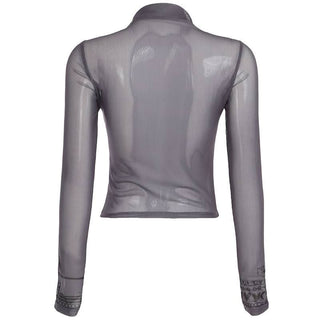 High neck long sleeve mesh butterfly print top