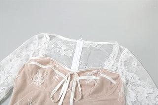 Long sleeve lace zip-up ruched mini dress