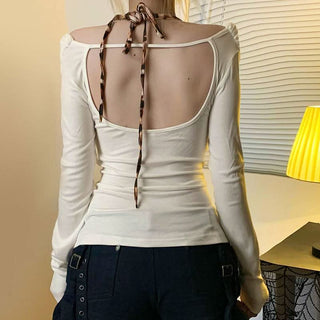 Long sleeve halter self tie leopard print cowl neck top