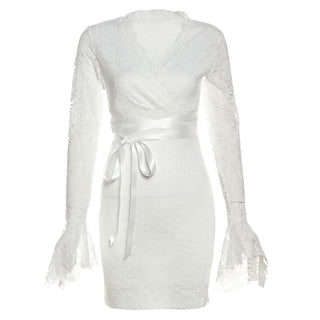 Long flared sleeve v neck lace self tie mini dress