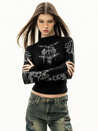 Long sleeve high neck cross print contrast top