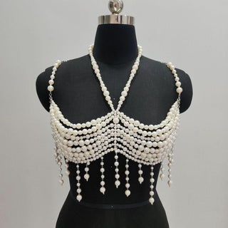 Halter pearls hollow out backless tassels cut out top