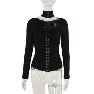 Halter long sleeve button self tie top